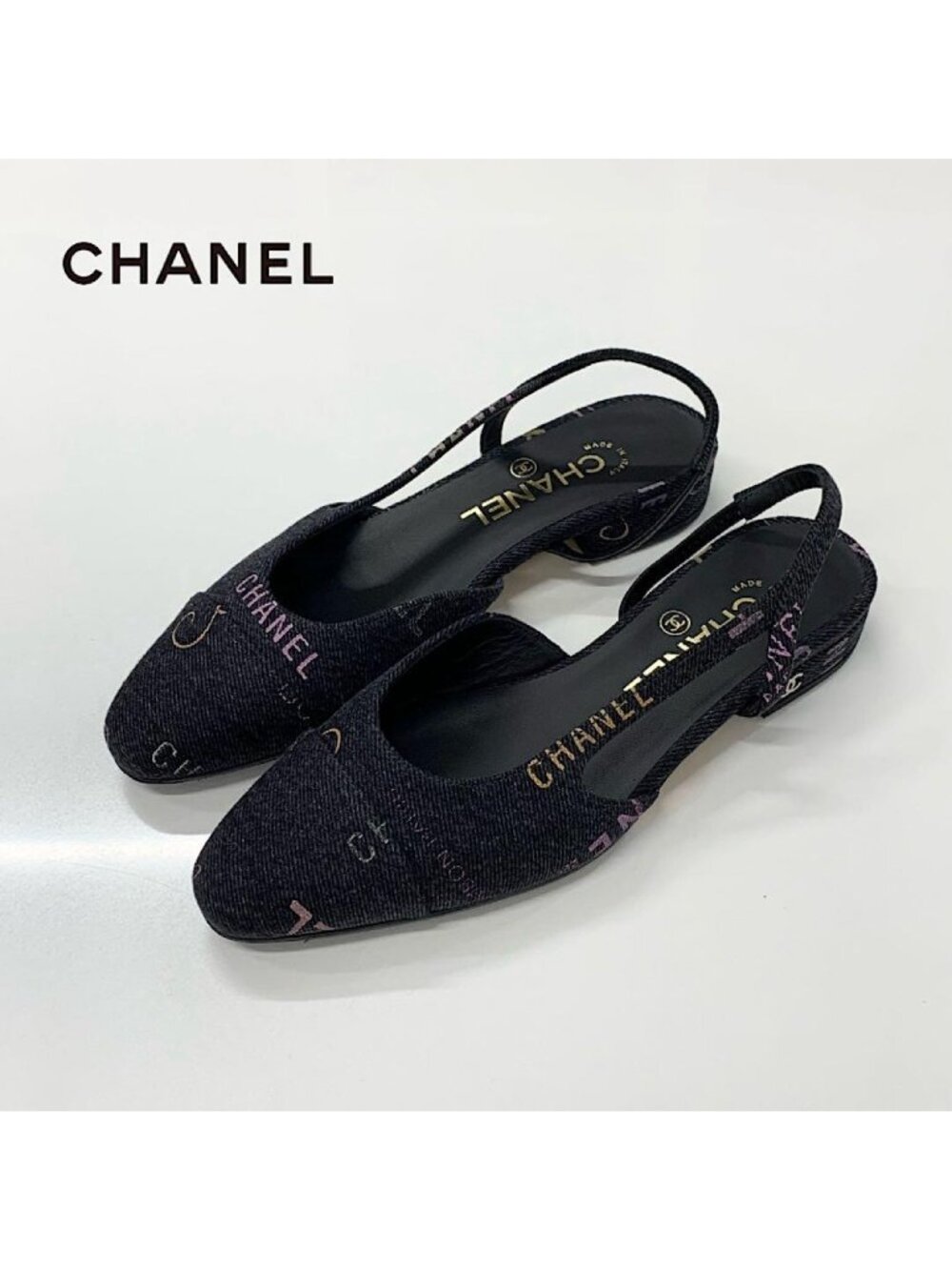 Chanel CC Logo Denim Slingback Pumps Flat Shoes